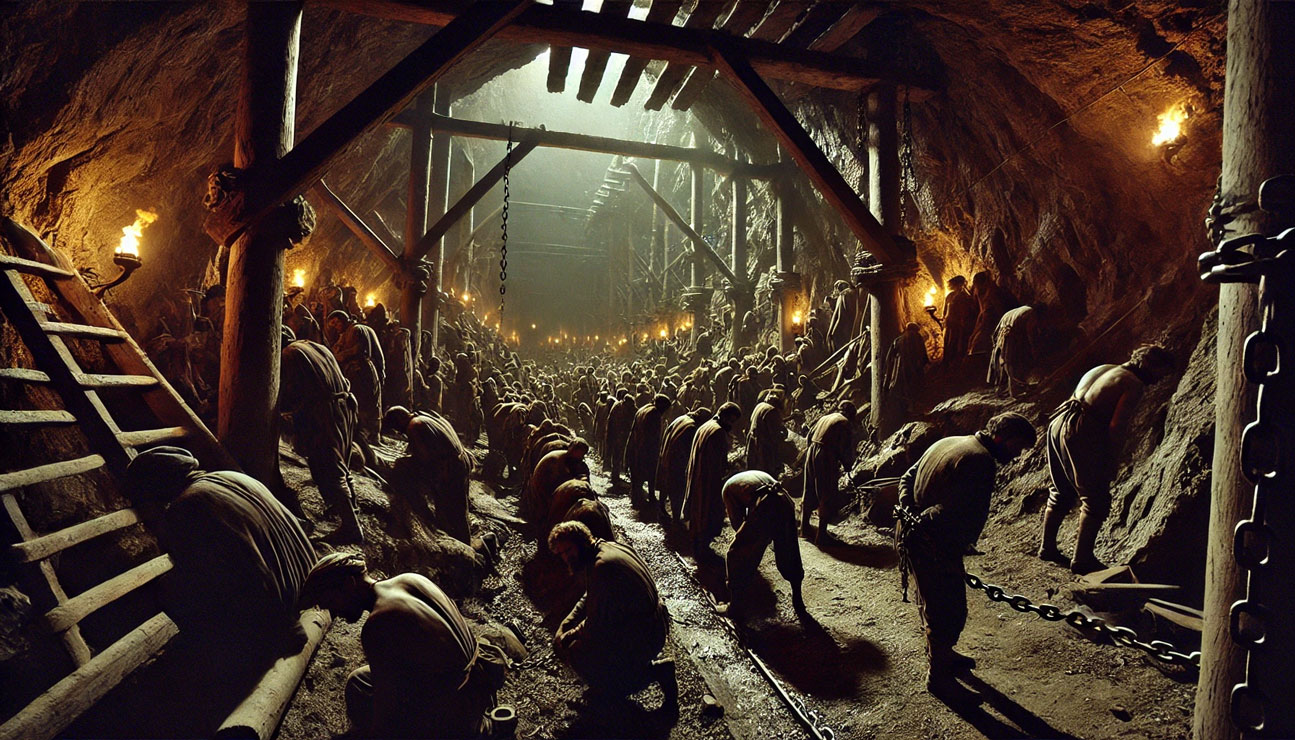 Slave laborers shown toiling in the 