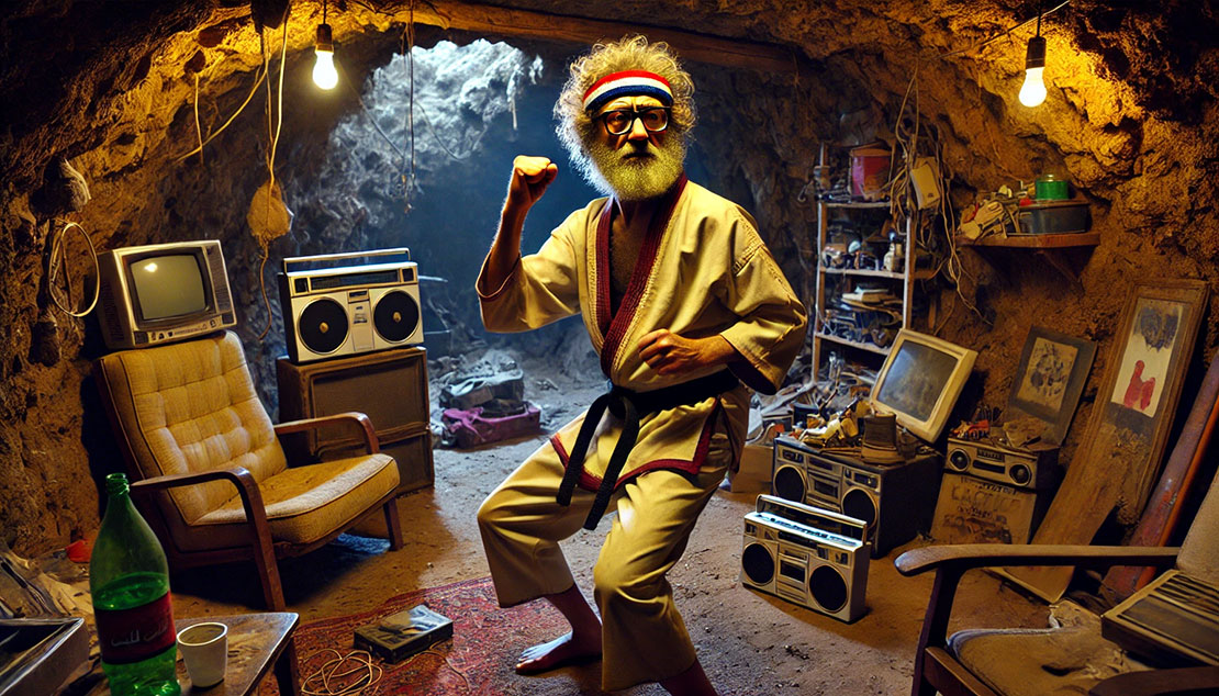 Peter Tetranka, a character from Midas Files, is practicing karate in his secret cave underneath Baghdad. 