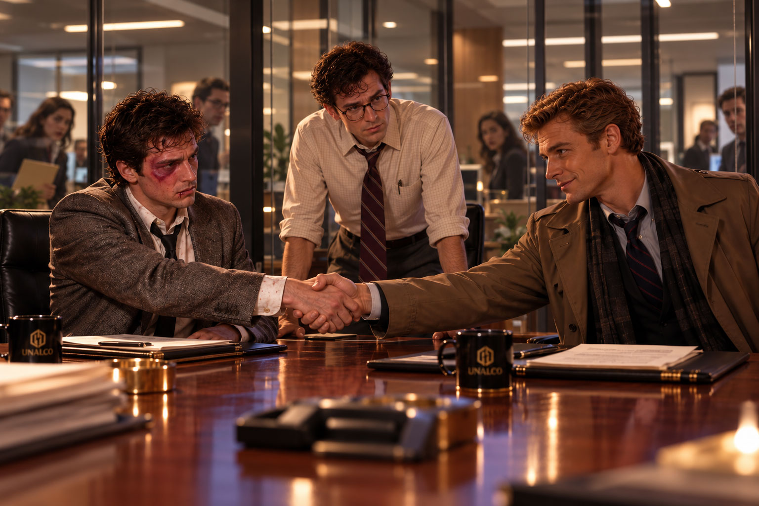 Tense Handshake in the Glass Office