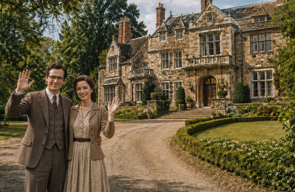 Image: Dr. Lawrence J. Bingham and his wife Eva Goodmans-Bingham standing in front of the Bingham Estate, which they bought in the late 70s.