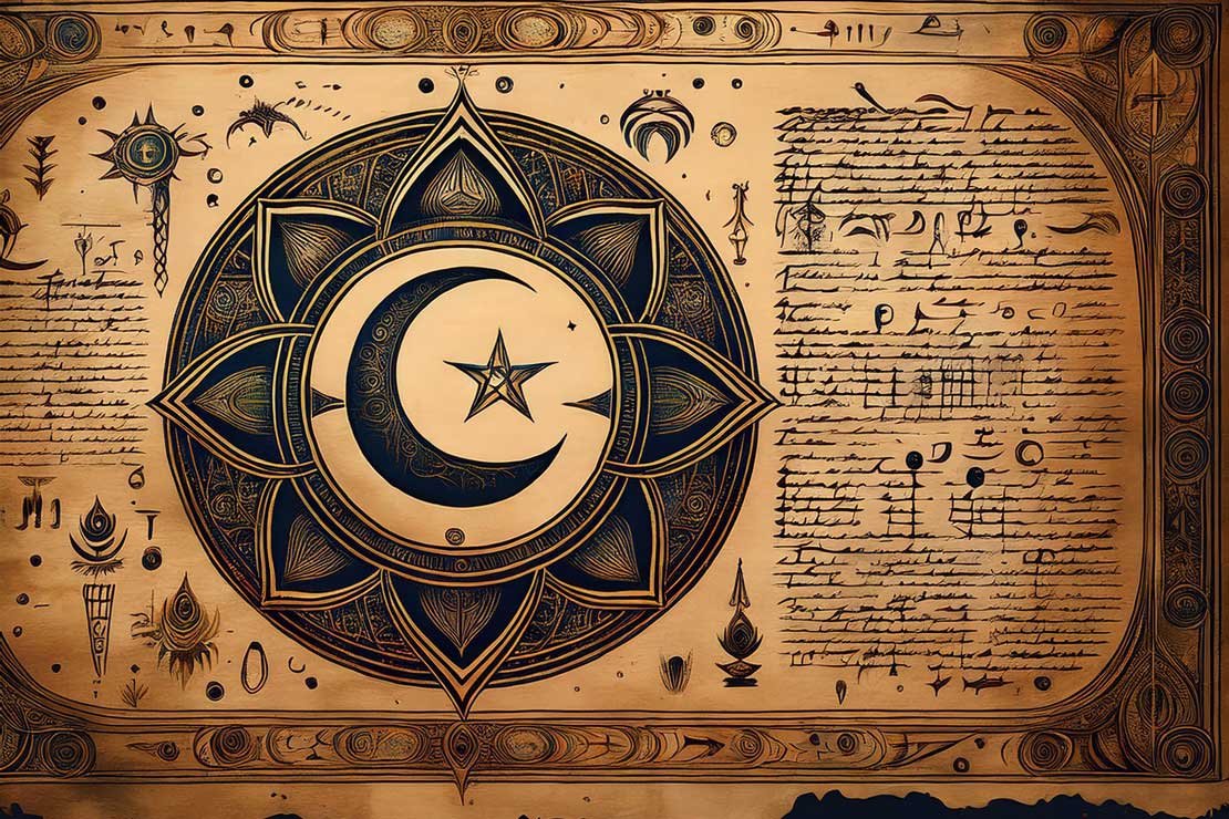 Graphic of ancient text that could hint at a mystical order called Order of The Crescent Star. Main Image.