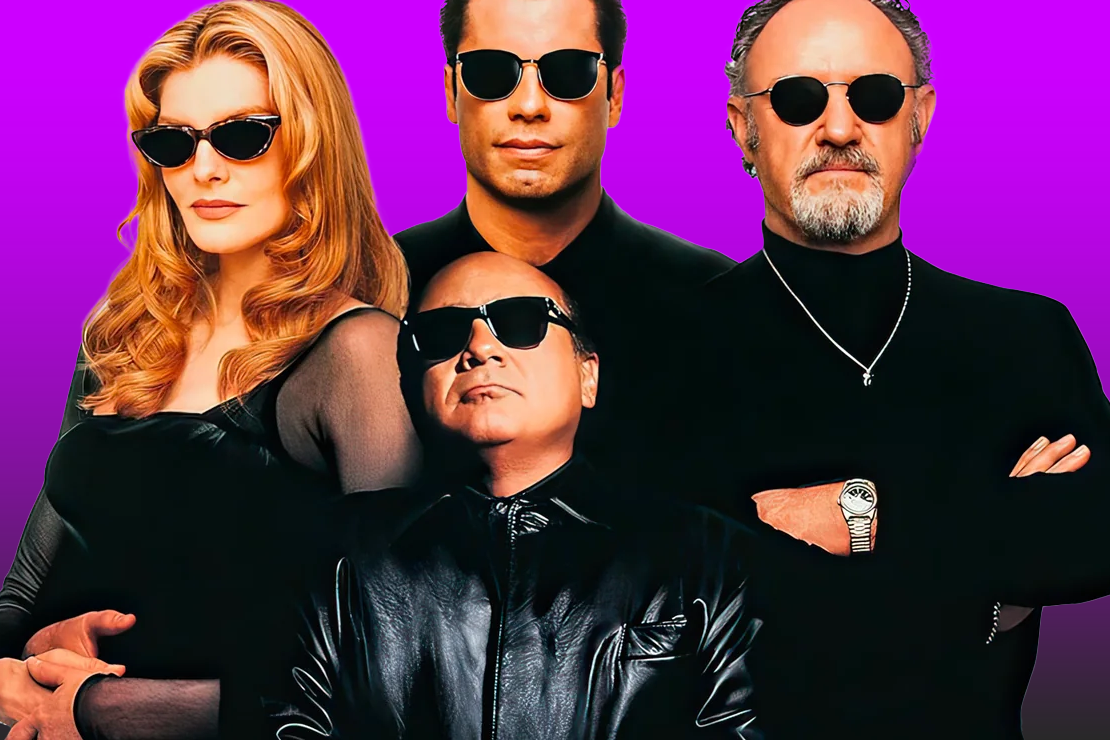 Get Shorty Cast on Purple Background.