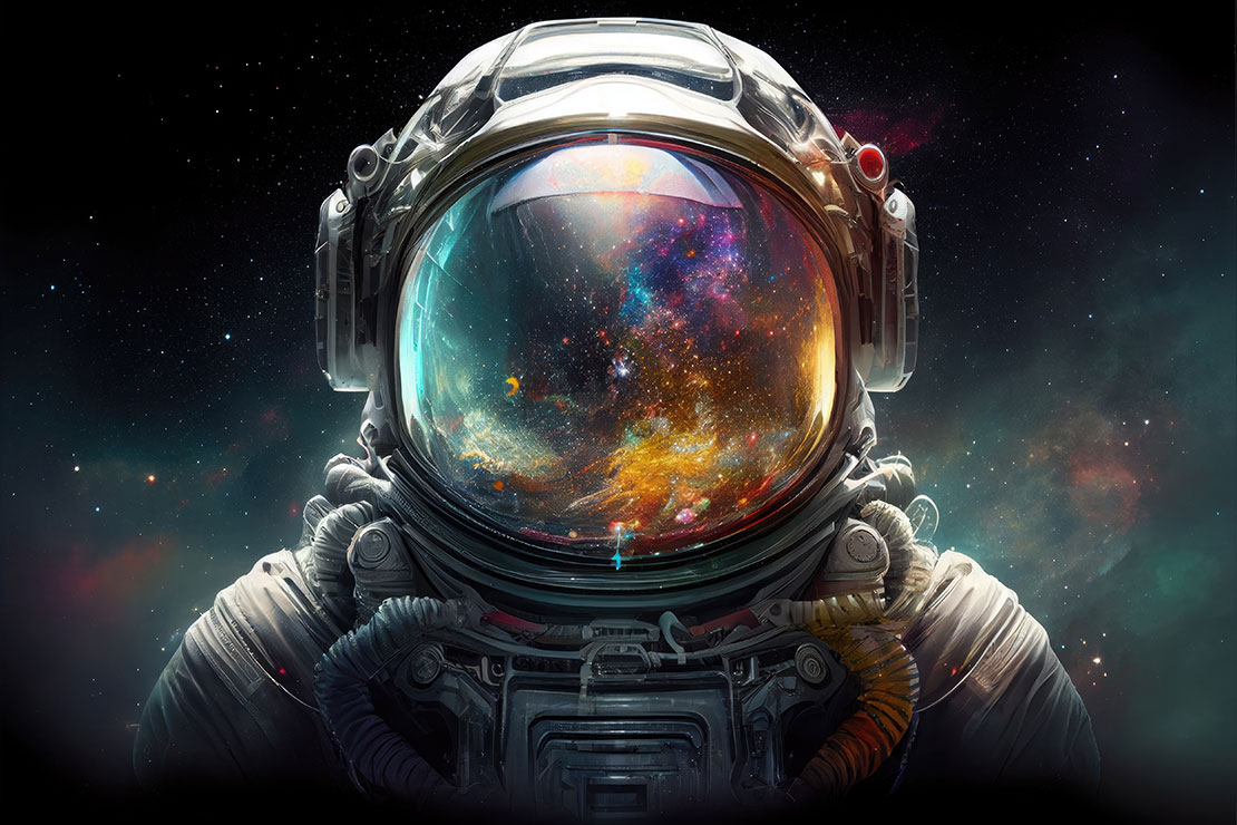 Stylized astronaut in space.