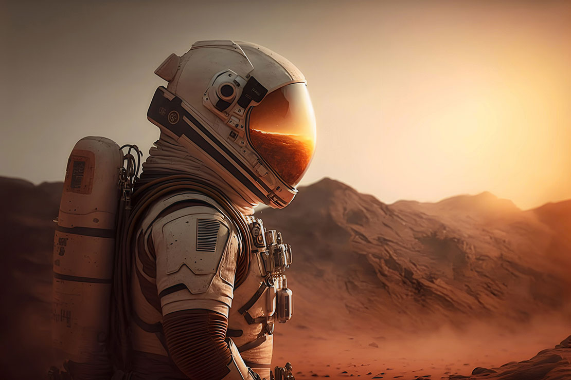 AI Generated image of human exploration on Mars. 