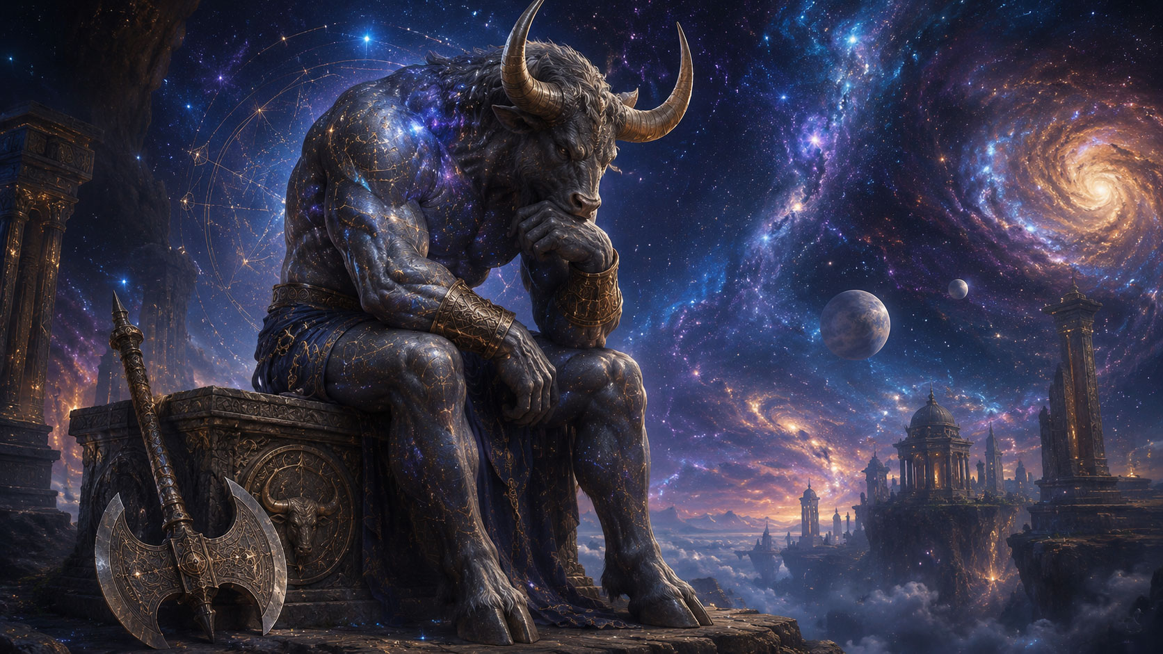 Thinking Minotaur and his Axe. 