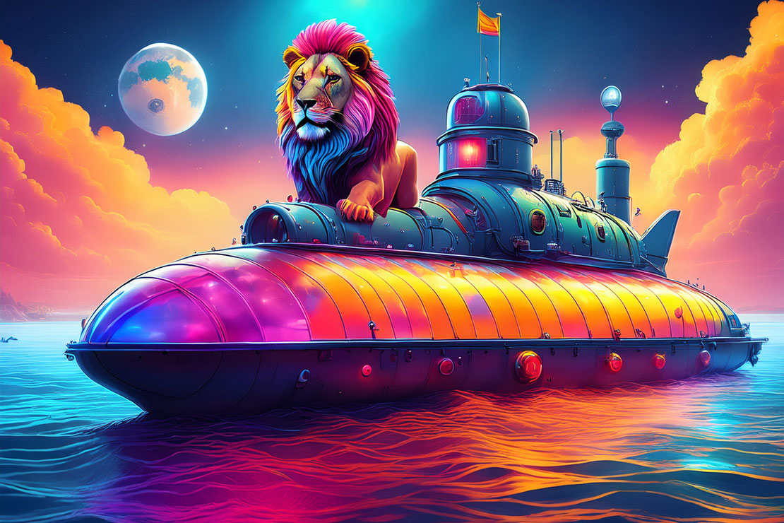 Neon lion on submarine. Fantasy image.