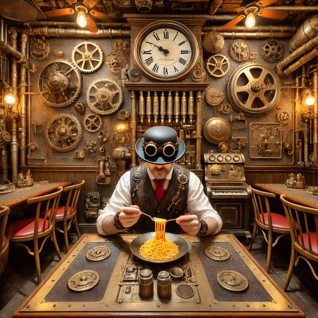 Steampunk Italian Restaurant. AI Generated image. 