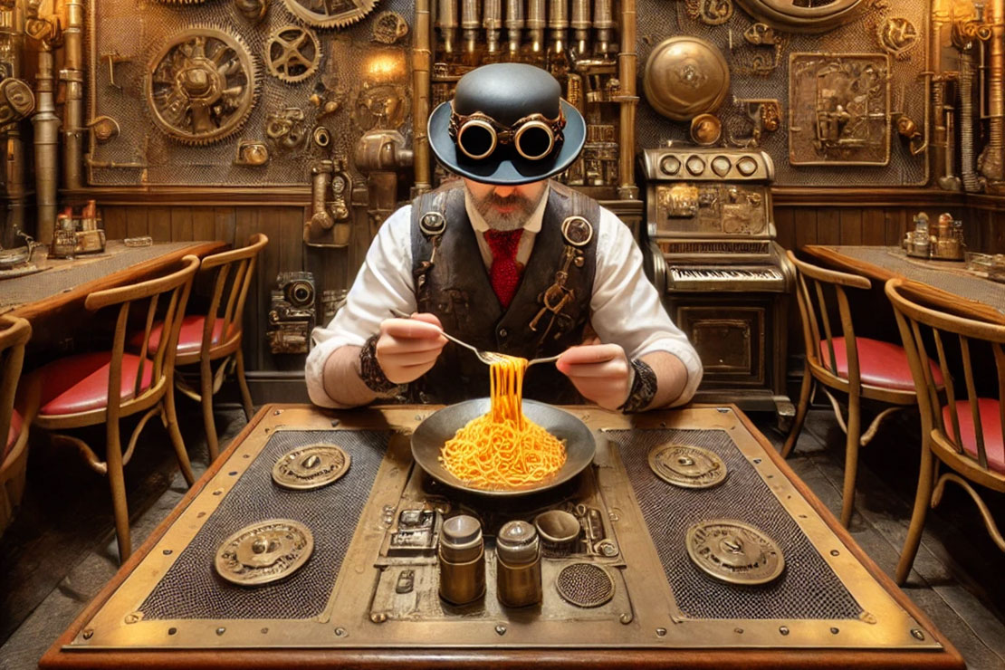 Steampunk Italian Restaurant. AI Generated image. 