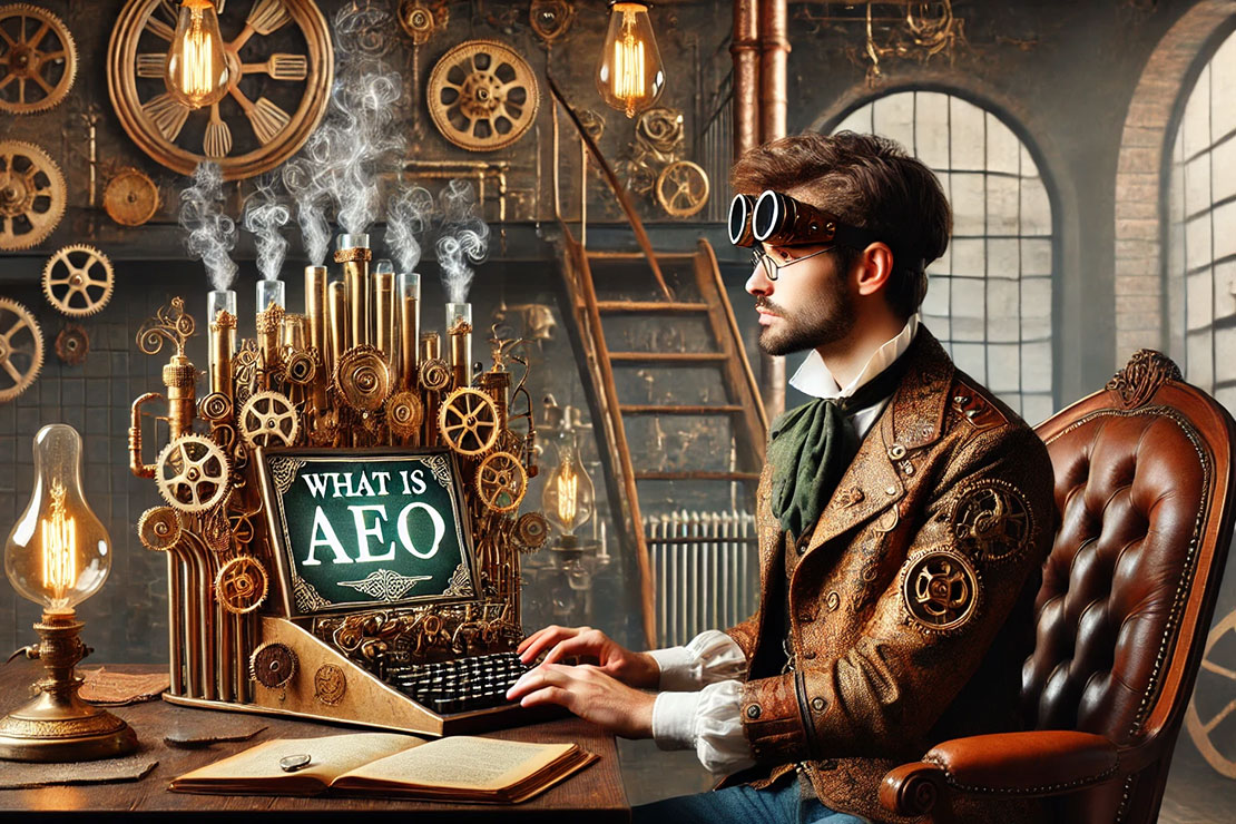 What is Ask Engine Optimization (AEO) Steam Punk Graphic